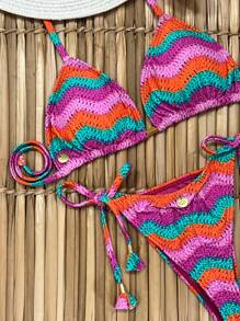 Gabi Adult Triangle Bikini Top Removable Padded Bottom Clear Tie Butt Lifting Printed Fabric Crochet Style - Màu hồng gỉ - Xem 2