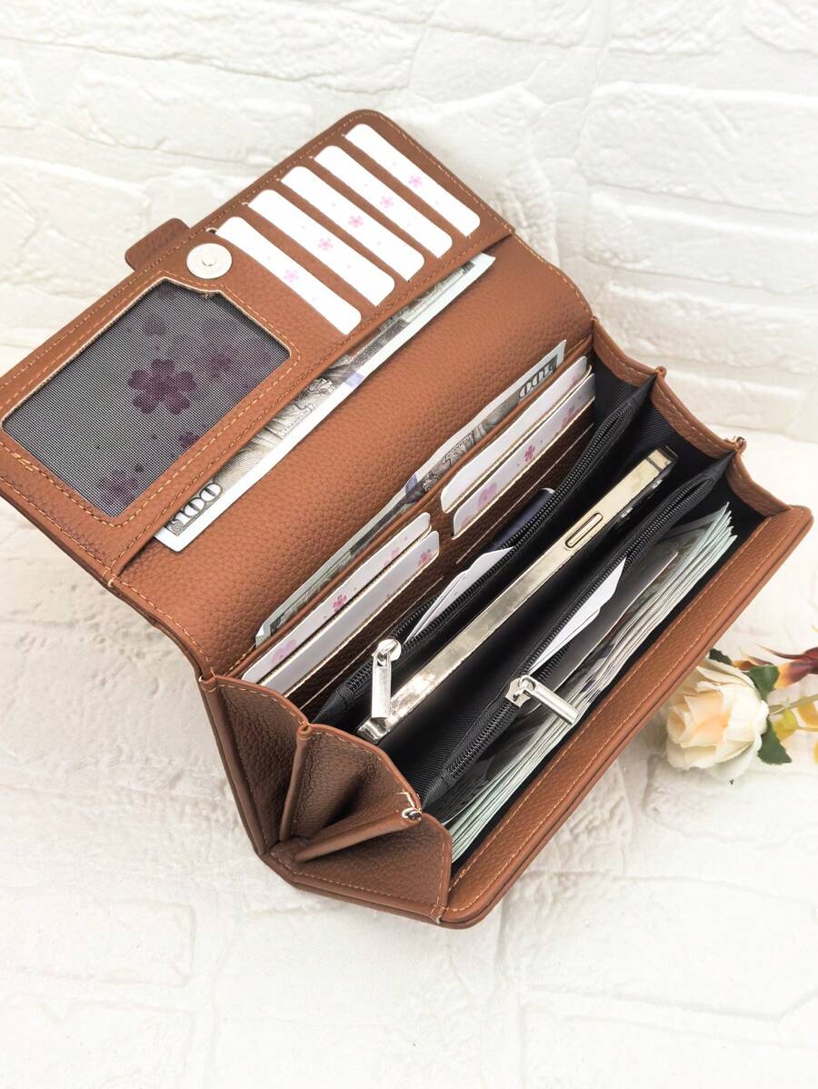 MINGYOU 新款女士多功能大容量钱包，时尚经典搭扣翻盖简约多卡位手机钱包，女士礼物，钱包，手提包，长款钱包 - 棕色 - 查看 1