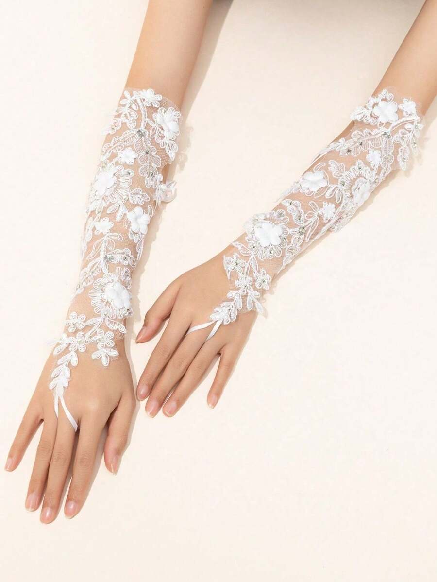 1 Pair White Bridal Finger Loop Gloves, Suitable For Wedding, Party, Evening Dress Accessory (Rhinestone Decor Random) Autumn Accessories