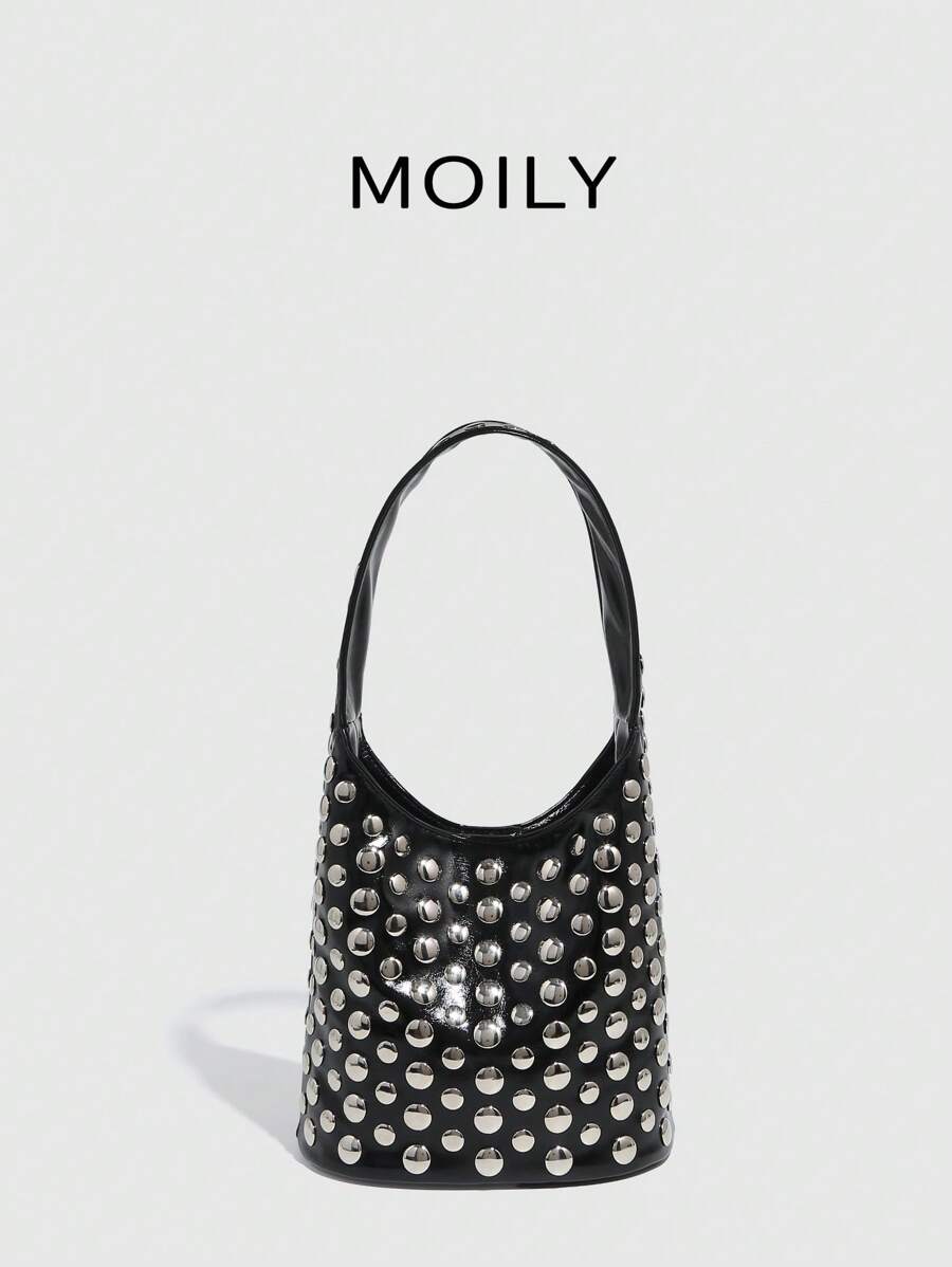 Women Single Compartment Rivet Handbag, Fashion Commuter Bucket Bag - Black - View 1
