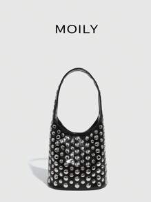 Women Single Compartment Rivet Handbag, Fashion Commuter Bucket Bag - Black - View 6