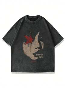 Plus Size Men's Casual Round Neck Summer T-Shirt With Ghostly Star Silhouette And Face Print