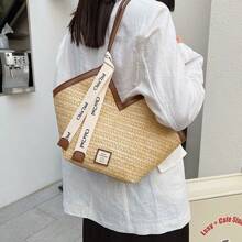 Bolso de capacidad grande con correa decorativa, bolso de paja vintage de nueva llegada primavera/verano 2025, bolso tejido versátil para el hombro para ir a trabajar, la playa, de compras, fiestas, niñas, estudiantes