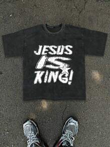 Plus Size Men's Casual Summer Round Neck Jesus Star Letter Print Washed T-Shirt - Black - View 1