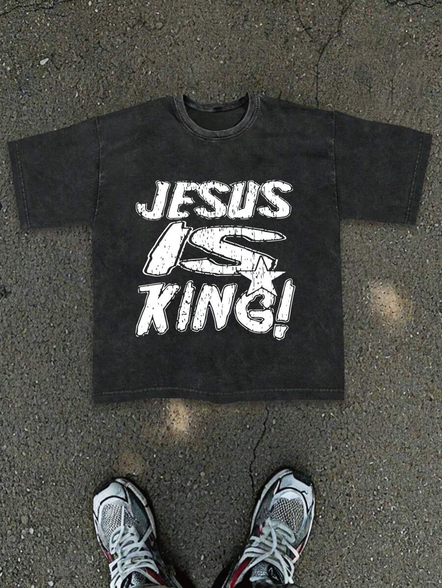 Plus Size Men's Casual Summer Round Neck Jesus Star Letter Print Washed T-Shirt - Black - View 1