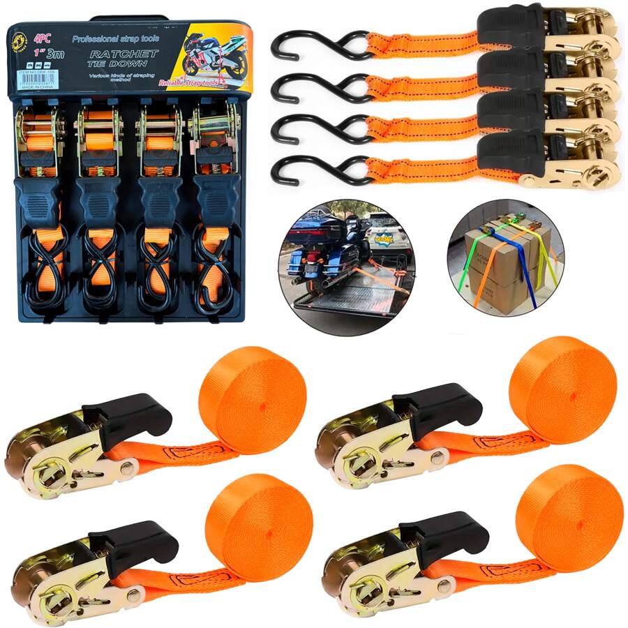 Vmingo 4pcs Ratchet Fastener Belt 3m Car Motorcycle Cargo Tie Down 675kg - 橘色 - 查看 1