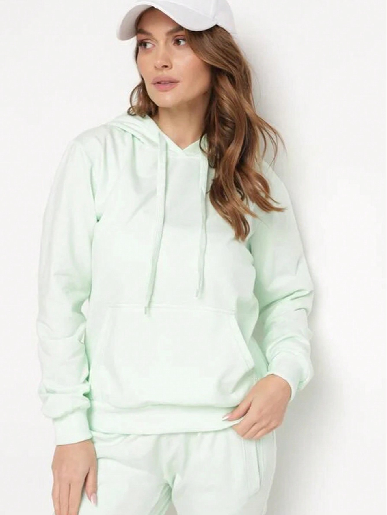 Sweatshirt à capuche avec cordon de serrage et manches longues, couleur unie pour femmes