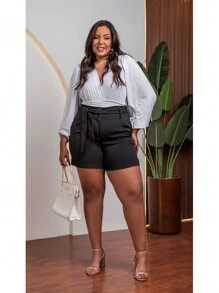 Short Plus Size Alfaiataria Bermuda Feminina Casual Elegante Confortável - Preto - Visão 2