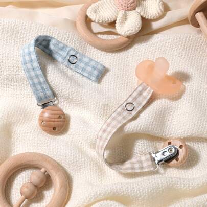 2 件/包带松紧带的奶嘴夹 | 婴儿奶嘴链夹 | 通用奶嘴夹，带山毛榉木扣，适用于婴儿出牙玩具牙胶 | 男孩女孩的理想婴儿礼物
