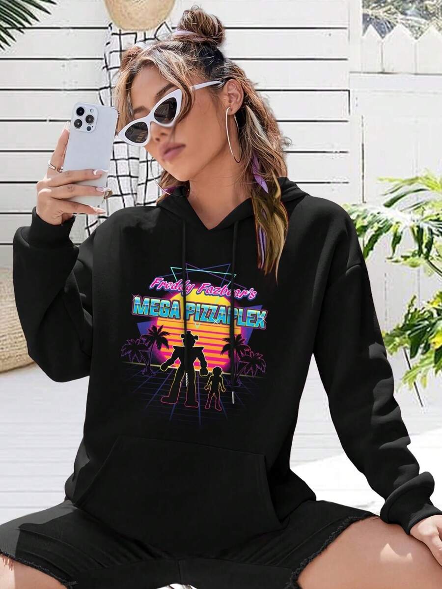 Freddy Fazbear's Mega Pizzaplex Big Size Women Hoodie Hoodie For Women FNAF Security Breach Glamrock Freddy Retro Videogame Style - 黑色 - 查看 1