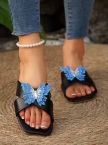 女士时尚圆头黑蝴蝶便鞋