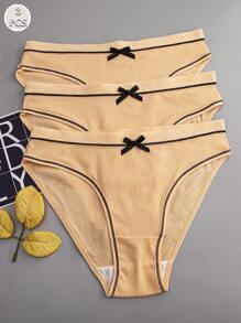 3pcs Women Nude Color Bow Cute Comfortable Sexy Sports Briefs