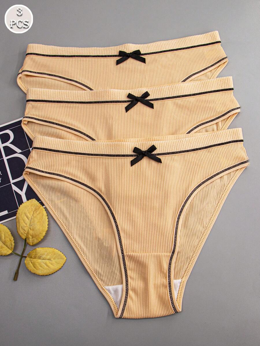 3pcs Women Nude Color Bow Cute Comfortable Sexy Sports Briefs