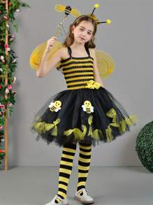 Girls Cosplay Bee Costume Sleeveless Tulle Dress Headband Leg Warmers Wand Wing Sets For Cosplay Party - 黃色 - 查看 5