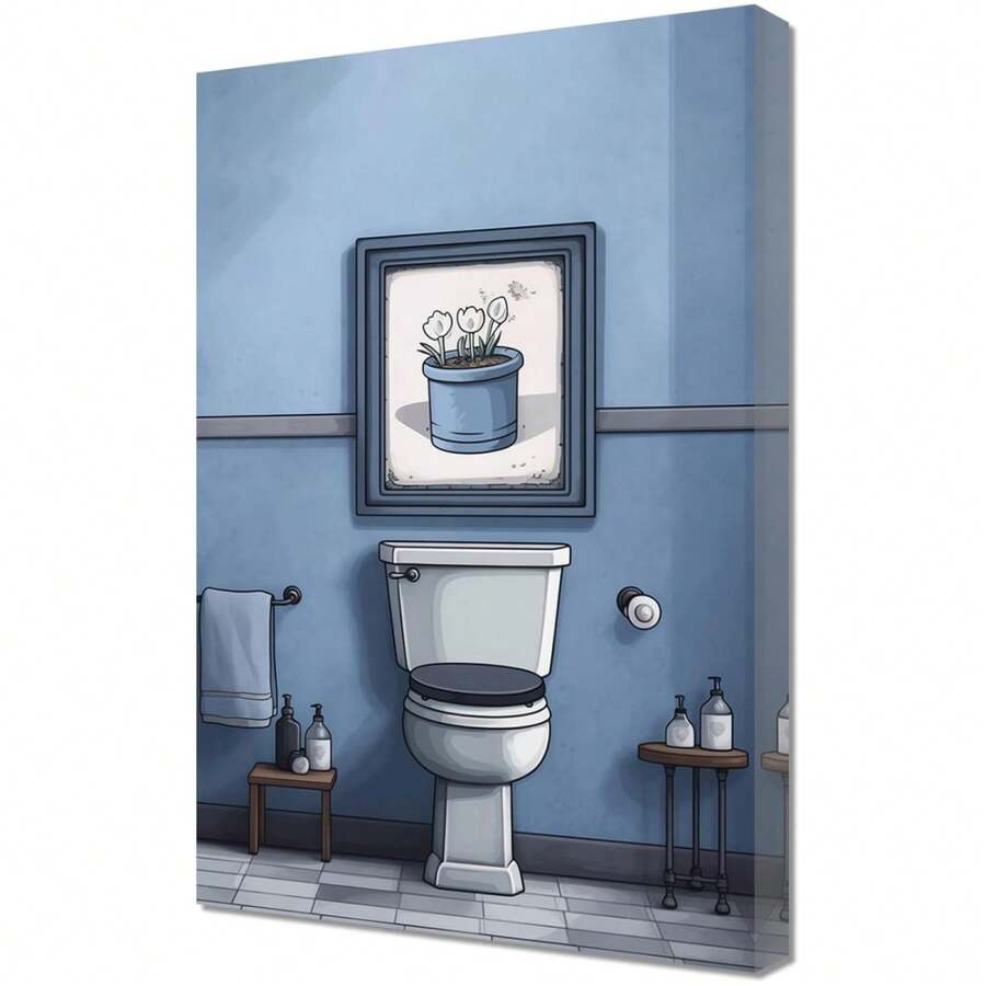 1pc Bathroom Wall Art Toilet Painting Canvas Prints Vintage Grey And Blue Artwork Funny Bathroom Poster For Home Bathroom Wall Decor