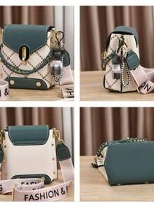 Women Shoulder Bag For Cell Phone BearBoho PlaidPU Material With Metal Decoration - màu xanh lá - Xem 2