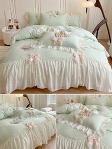 3/4 peças Conjunto de Roupa de Cama Floral de Chiffon com Borda (Capa de Edredão x1, Lençol x1, Fronha x1/2, Excluindo Enchimento), Conjunto de Capa de Edredão com Laço 3D de Estilo Princesa em Poliéster, Tamanho Queen, Macio e Confortável, Adequado para Quarto, Hotel, Todas as Estações