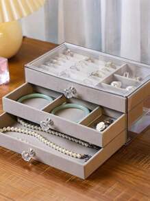 Luxury Acrylic Jewelry Box With 3 Layers Earring Ring Compartment - Grey - View 5