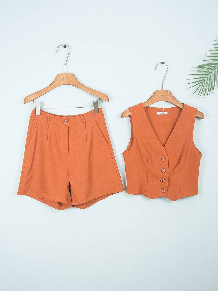 EMODA TWIL TAILORING SET VEST WITH SHORTS #SET #VESTSET #HOTSETS - 鏽棕色 - 查看 1