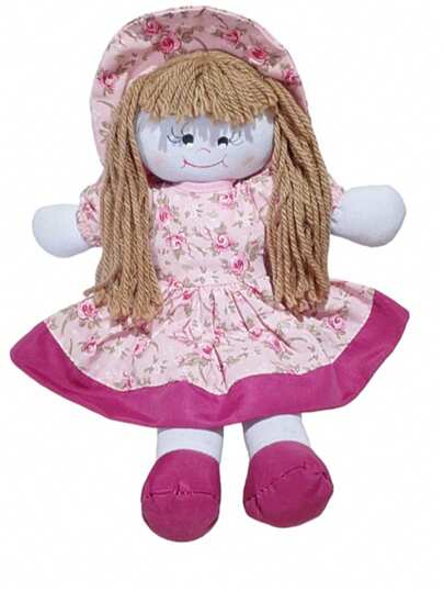 BONECA PANO 30CM COM VESTIDO E CHAPÉU