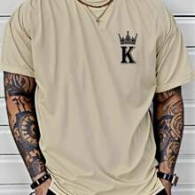 Camiseta esportiva casual masculina Estampa De Coroa De Rei  , manga curta e gola redonda, 100% Algodão, versátil para o verão - Bege - Visão 1