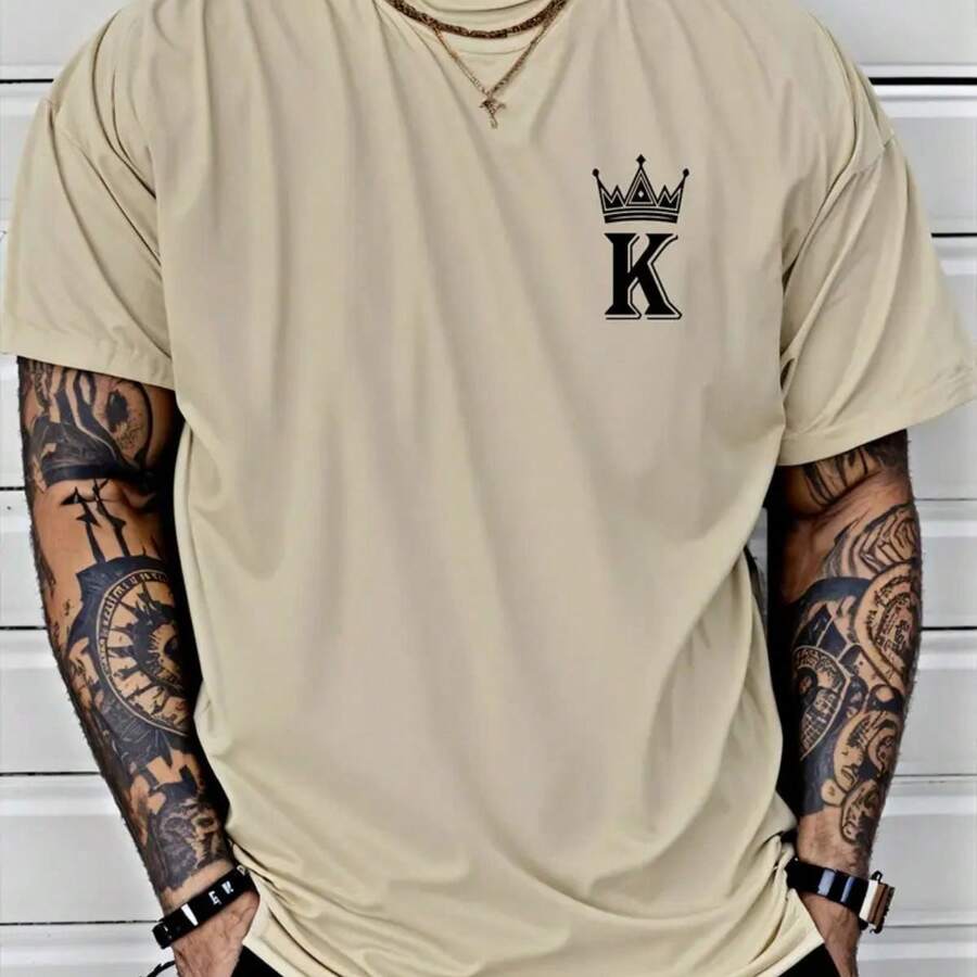Camiseta esportiva casual masculina Estampa De Coroa De Rei  , manga curta e gola redonda, 100% Algodão, versátil para o verão - Bege - Visão 1