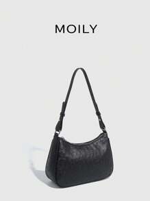 Bolso de mano con textura de avestruz, nuevo modelo de verano con bolso de hombro de calidad, bolso de sobaquera sencillo, bolso de media luna - Negro - Ver 3