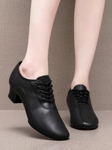 Women's Leather & Faux Fur Dance Shoes, Soft Bottom Ballroom Dancing Shoes, Medium Heels Latin Dance Shoes, Indoor Black Dance Sneakers - Black - View 3