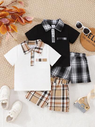 4pcs/Set Baby Boys' Summer Casual Turn-Down Collar Short Sleeve Shirt And Plaid Shorts