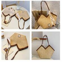 Bolso de capacidad grande con correa decorativa, bolso de paja vintage de nueva llegada primavera/verano 2025, bolso tejido versátil para el hombro para ir a trabajar, la playa, de compras, fiestas, niñas, estudiantes