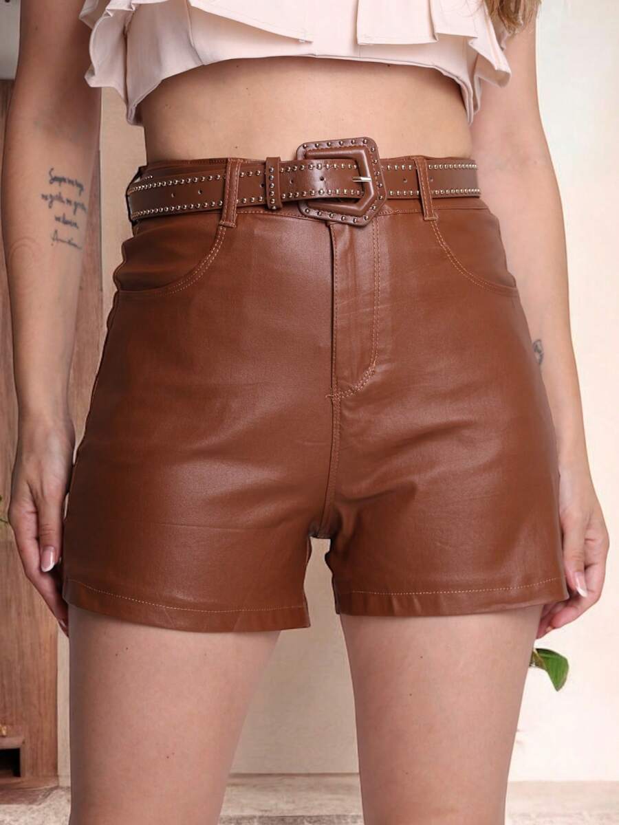 Leather Shorts With Pocket And Belt Attachment/LS267 - 棕色 - 查看 1