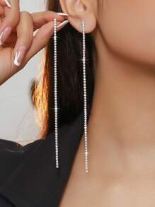 1 par de pendientes de doble capa con cristales de estrás, pendientes colgantes brillantes con flecos largos, joyería de moda para fiestas, versátil
