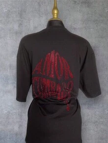 Camiseta para Mujer Tipo Oversize con Aplicacion en Pedreria Playera de Algodon Amor Tumbado - Rojo - Ver 5