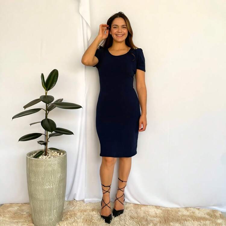 Midi Dress Fitted Straight Short Sleeve Princess Fashion - Navy Blue - View 1