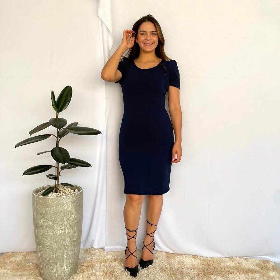 Midi Dress Fitted Straight Short Sleeve Princess Fashion - Azul Marino - Ver 1