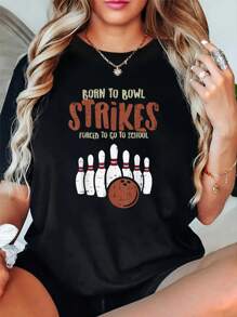 100% Cotton Born To Bowl Strikes" Graphic Tee For Women - Casual Crew Neck, Short Sleeve T-Shirt, Perfect For All Seasons - 黑色 - 查看 1