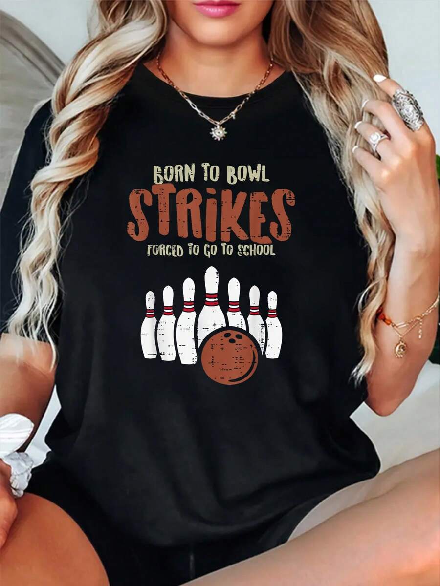 100% Cotton Born To Bowl Strikes" Graphic Tee For Women - Casual Crew Neck, Short Sleeve T-Shirt, Perfect For All Seasons - 黑色 - 查看 1