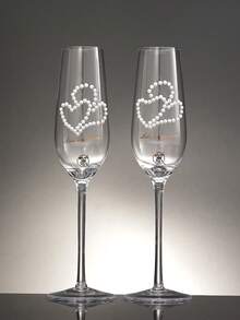 2pcs Pearl & Crystal Heart Shaped Champagne Wine Glasses, Handcrafted Creative Design, Suitable For Wedding, Engagement, Couple Dinner Party, Holiday Gift, Valentine's Day, Mother's Day - Multicolor - View 7