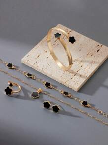 Znice 6pcs/Set Lucky 5-Leaf Flower Bracelet Necklace Jewelry Set, Suitable For Daily Wear & Occasions - Black - View 4