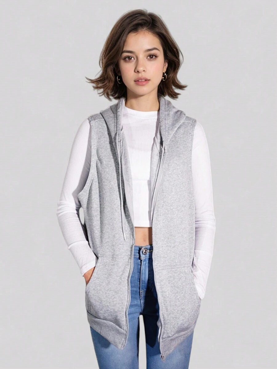 Women's Sleeveless Hooded Sweatshirt With Pockets - 灰色 - 查看 1