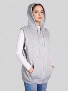 Women's Sleeveless Hooded Sweatshirt With Pockets - 灰色 - 查看 3