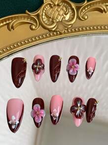 10 piezas de uñas postizas hechas a mano en forma de almendra de color marrón nude con talla tridimensional. Pueden darse como regalo a personas, madres, novias y novias. Adecuado para usar en ocasiones como cumpleaños, fiestas, banquetes y bailes. Se pueden usar repetidamente