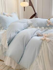 3/4 peças Conjunto de Roupa de Cama Floral de Chiffon com Borda (Capa de Edredão x1, Lençol x1, Fronha x1/2, Excluindo Enchimento), Conjunto de Capa de Edredão com Laço 3D de Estilo Princesa em Poliéster, Tamanho Queen, Macio e Confortável, Adequado para Quarto, Hotel, Todas as Estações