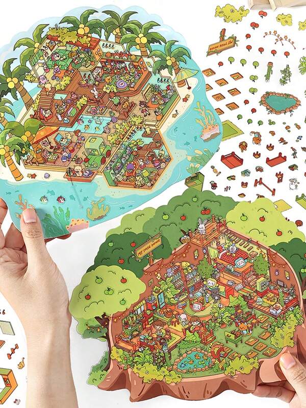 3 adesivos de cenário de minicasas 2,5D tamanho grande, Minha Casa Série 2, adequados para presentes, escritório, casa, marcação, etiquetagem, sala de aula, brinquedos de entretenimento, diário do aluno, paisagismo, adesivos decorativos faça você mesmo, material escolar, volta às aulas