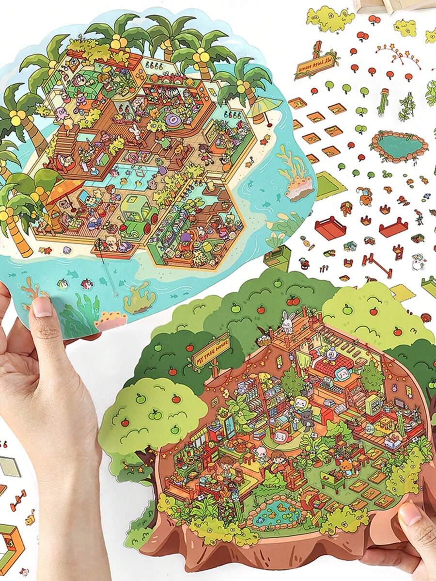 3 adesivos de cenário de minicasas 2,5D tamanho grande, Minha Casa Série 2, adequados para presentes, escritório, casa, marcação, etiquetagem, sala de aula, brinquedos de entretenimento, diário do aluno, paisagismo, adesivos decorativos faça você mesmo, material escolar, volta às aulas