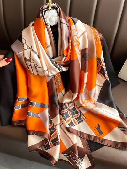 1pc Women Bandana Orange Retro Colorblock Patchwork Printed Faux Silk 90*180cm Long Scarf, New Women Fashion Elegant Versatile Chain Print Polyester Sheer Soft Thin Shawl Outdoor Travel Casual Beach Wrap Fashionable High-End Accessories For Dress