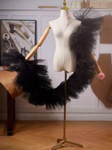 新娘飘逸多色女主人晚礼服网眼外层，适合表演、试镜、摄影配饰，女士披肩秋装 - 黑色 - 查看 2