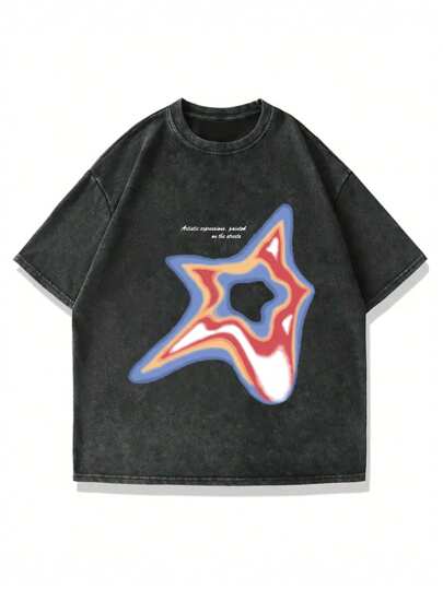 Plus Size Men's Casual Y2K Aurora, Star & English Graphic Round Neck Washed T-Shirt, Short Sleeve, For Daily Wear, Grunge Style