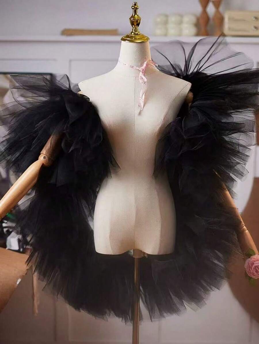 新娘飘逸多色女主人晚礼服网眼外层，适合表演、试镜、摄影配饰，女士披肩秋装 - 黑色 - 查看 1