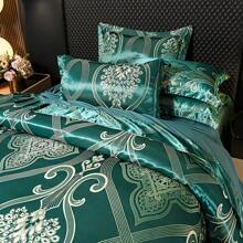 3 件套提花缎面羽绒被套，奢华欧式床上用品套装，柔软舒适，包括 1 个羽绒被套 + 2 个枕套 - 彩色 - 查看 9